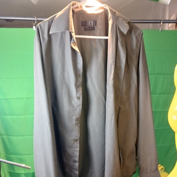 le 31 slim fit button downs shirt khaki simons 39 Large - Picture 1 of 3